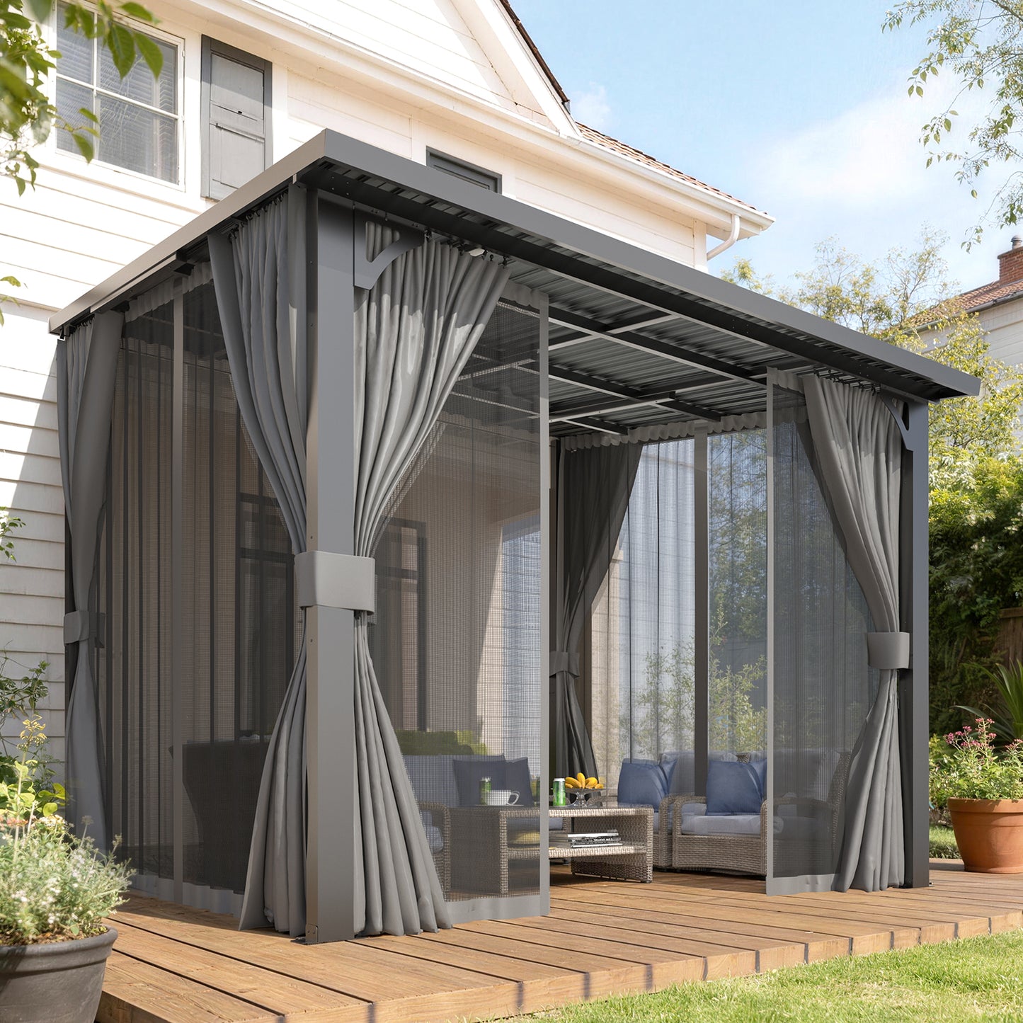 YODOLLA 10x8 Outdoor Pergola Hardtop Gazebo with Curtains and Netting for Patio