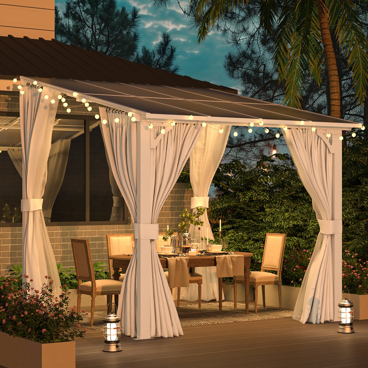 YODOLLA 8'x8' Outdoor Lean to Gazebo Pergola with Curtain and Netting for Patio, White