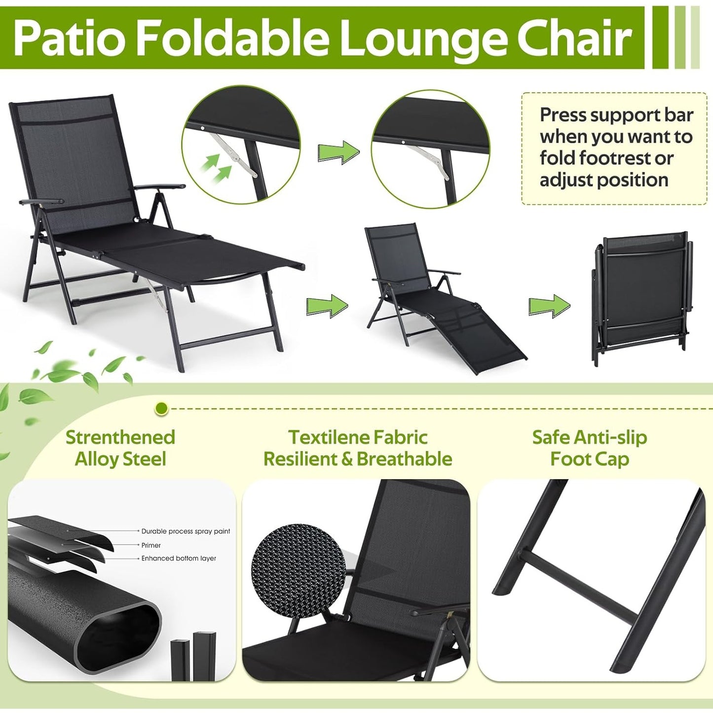 YODOLLA 7 Back & 2 Leg Adjustable Outdoor Chaise Lounge Chair, Black