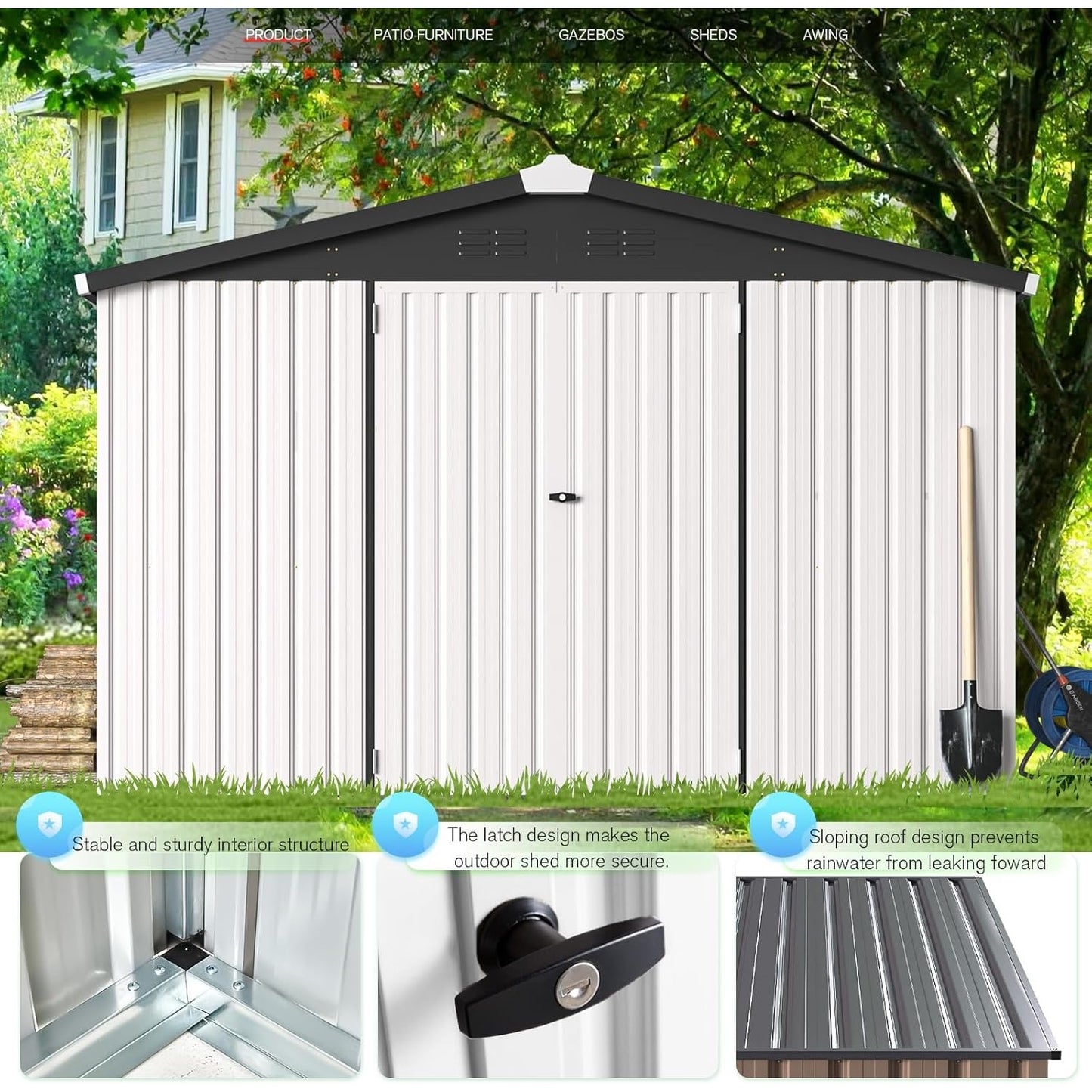 YODOLLA 10x14 Metal Outdoor Storage Garden Shed, White