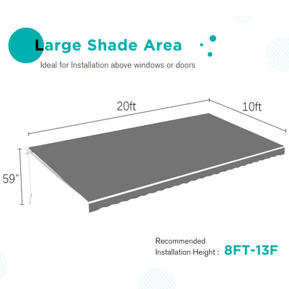 YODOLLA 20'×10' Manual Retractable Awning Sun Shade Patio