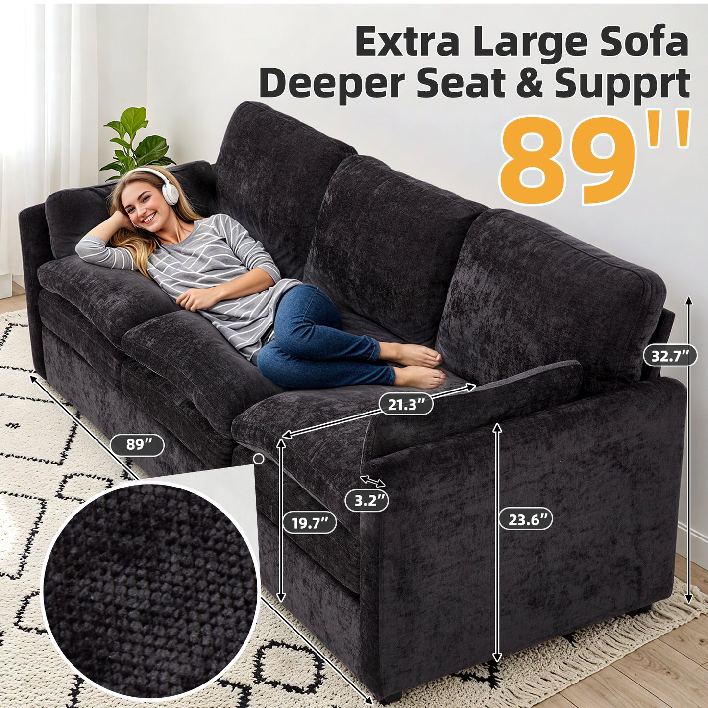YODOLLA 89" Chenille Sofa, 3-Seater, 2 Removable Pillows, Black