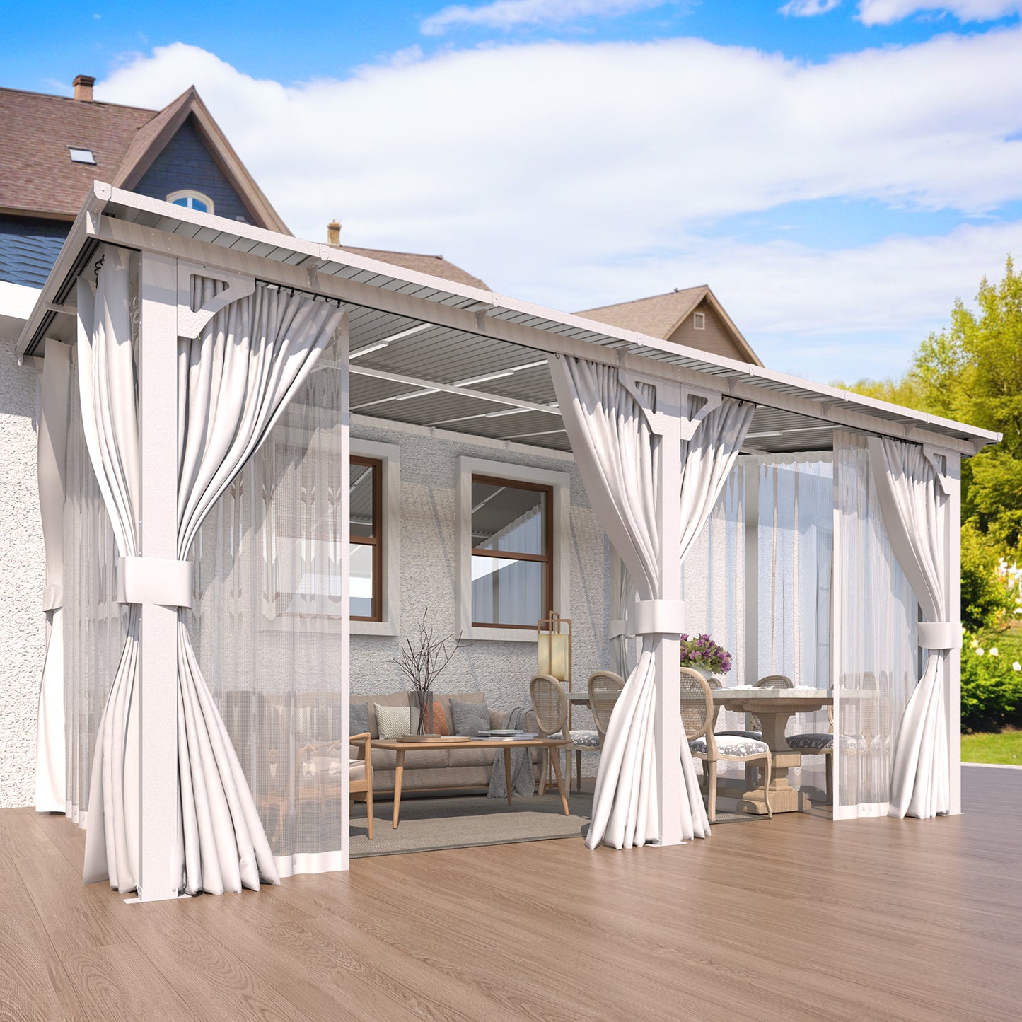 YODOLLA 14'x10' Outdoor Lean to Gazebo Pergola with Curtain and Netting for Patio, White