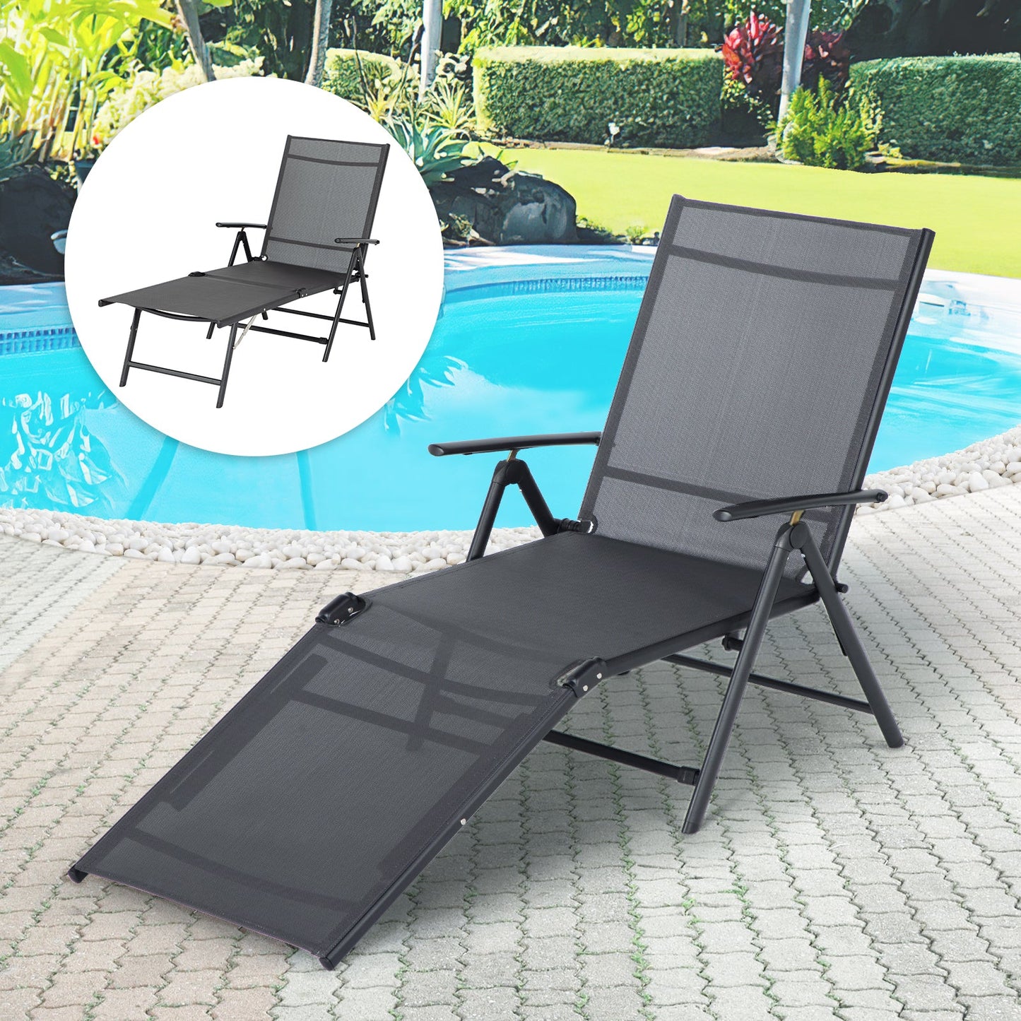 YODOLLA 7 Back & 2 Leg Adjustable Outdoor Chaise Lounge Chair, Grey
