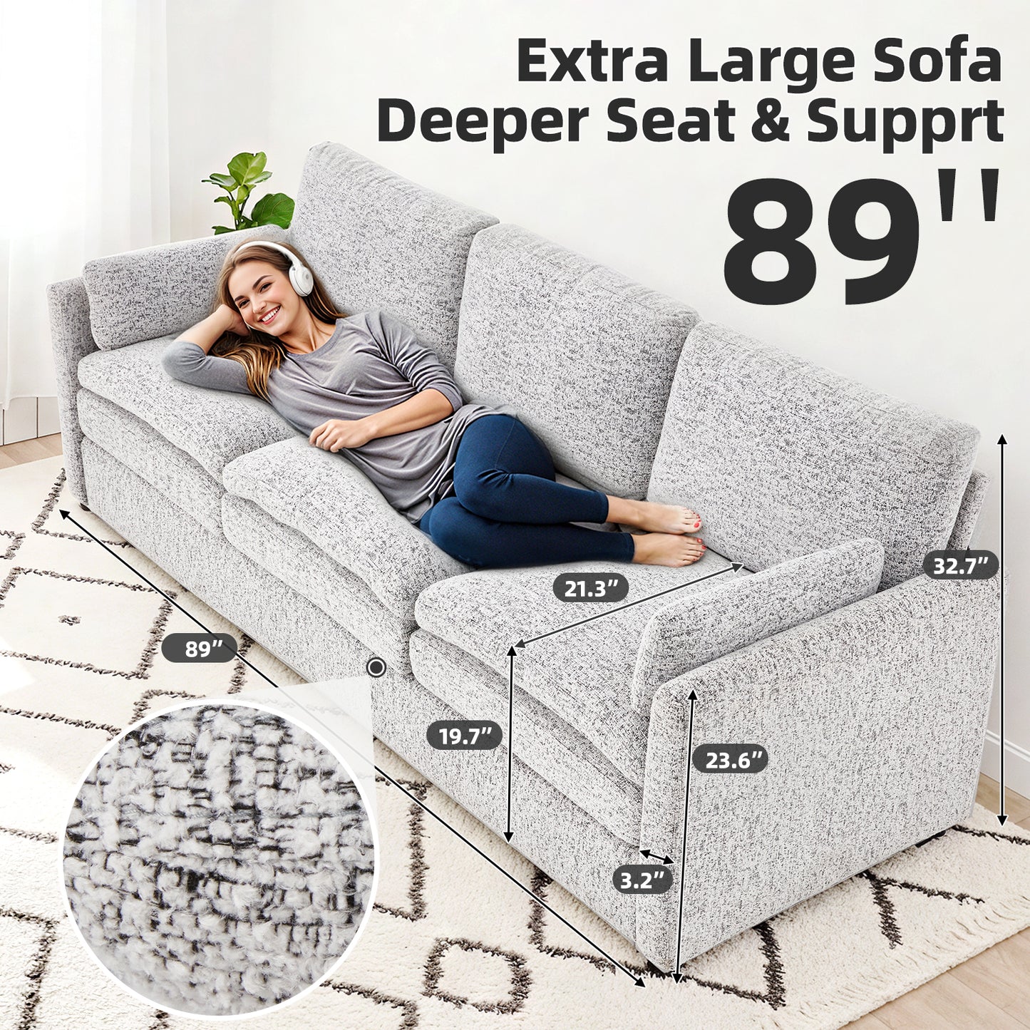 YODOLLA 89" Chenille Sofa, 3-Seater, 2 Removable Pillows, Gray