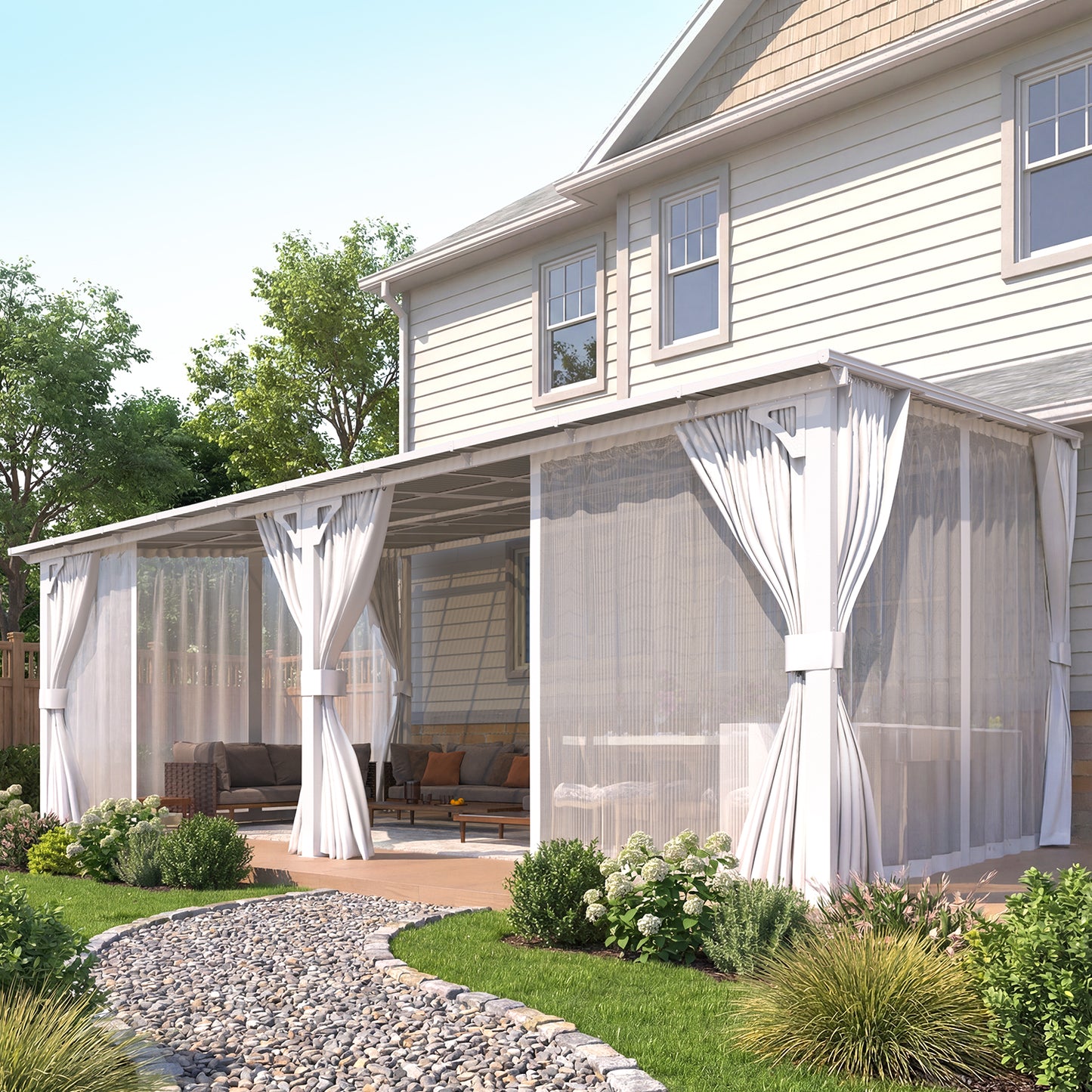 YODOLLA 20'x12' Outdoor Lean to Gazebo Pergola with Curtain and Netting for Patio, White