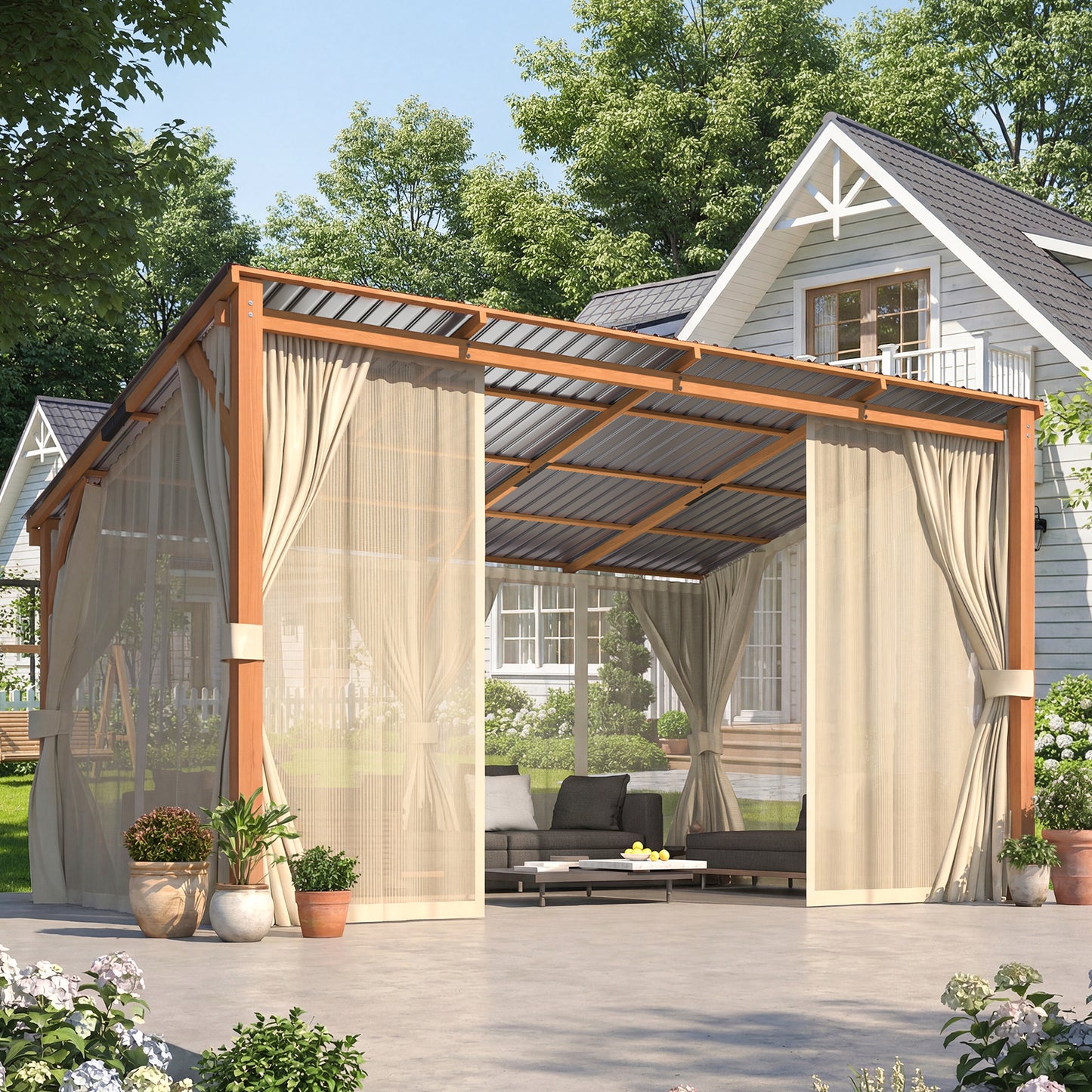 YODOLLA 10x14 Outdoor Wooden Pergola Gazebo with Curtains and Netting for Patio