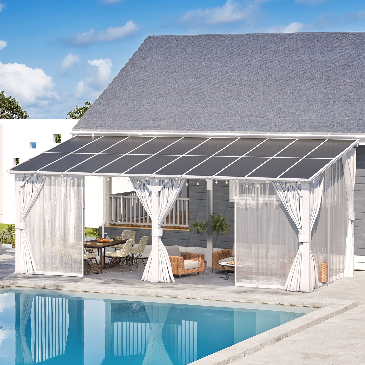 YODOLLA 20' x 8' Outdoor Lean to Gazebo Pergola with Curtain and Netting for Patio, White