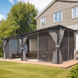 YODOLLA 20’ x 12’ Wall-Mounted Lean to Pergola Gazebo with Curtains and Netting