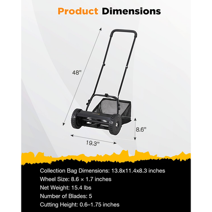 YODOLLA 14-Inch Manual Lawn Mower, 5 Blades Push Reel Lawn Mower