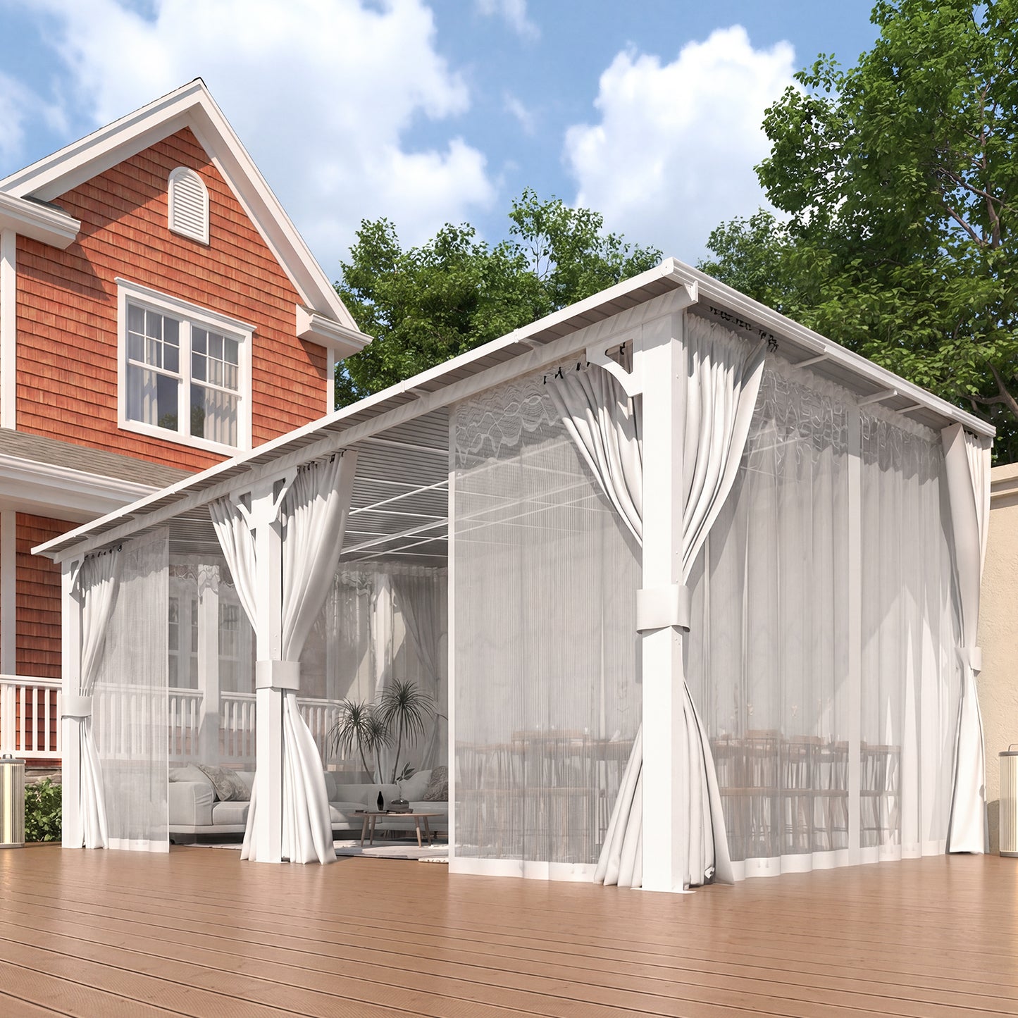 YODOLLA 16'x12' Outdoor Lean to Gazebo Pergola with Curtain and Netting for Patio, White