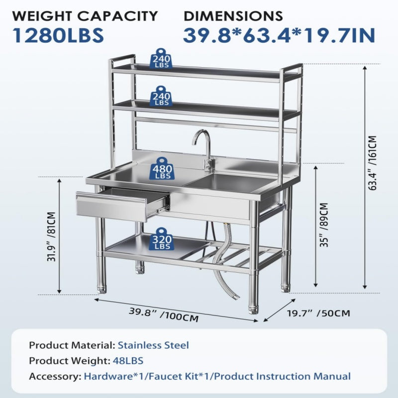 YODOLLA Stainless Steel Utility Sink with Shelves, Commercial Kitchen Sink