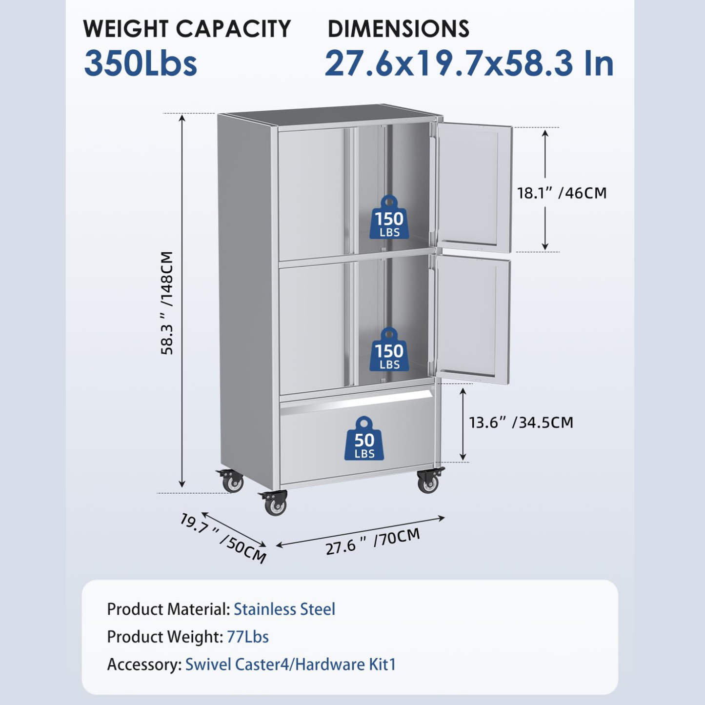 YODOLLA 58.3" Stainless Steel Storage Cabinet Tall Kitchen Pantry Cabinet
