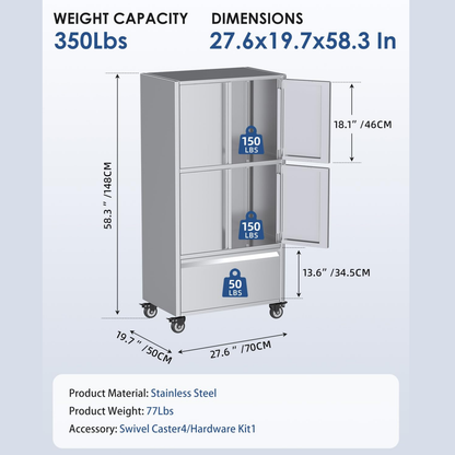 YODOLLA 58.3" Stainless Steel Storage Cabinet Tall Kitchen Pantry Cabinet