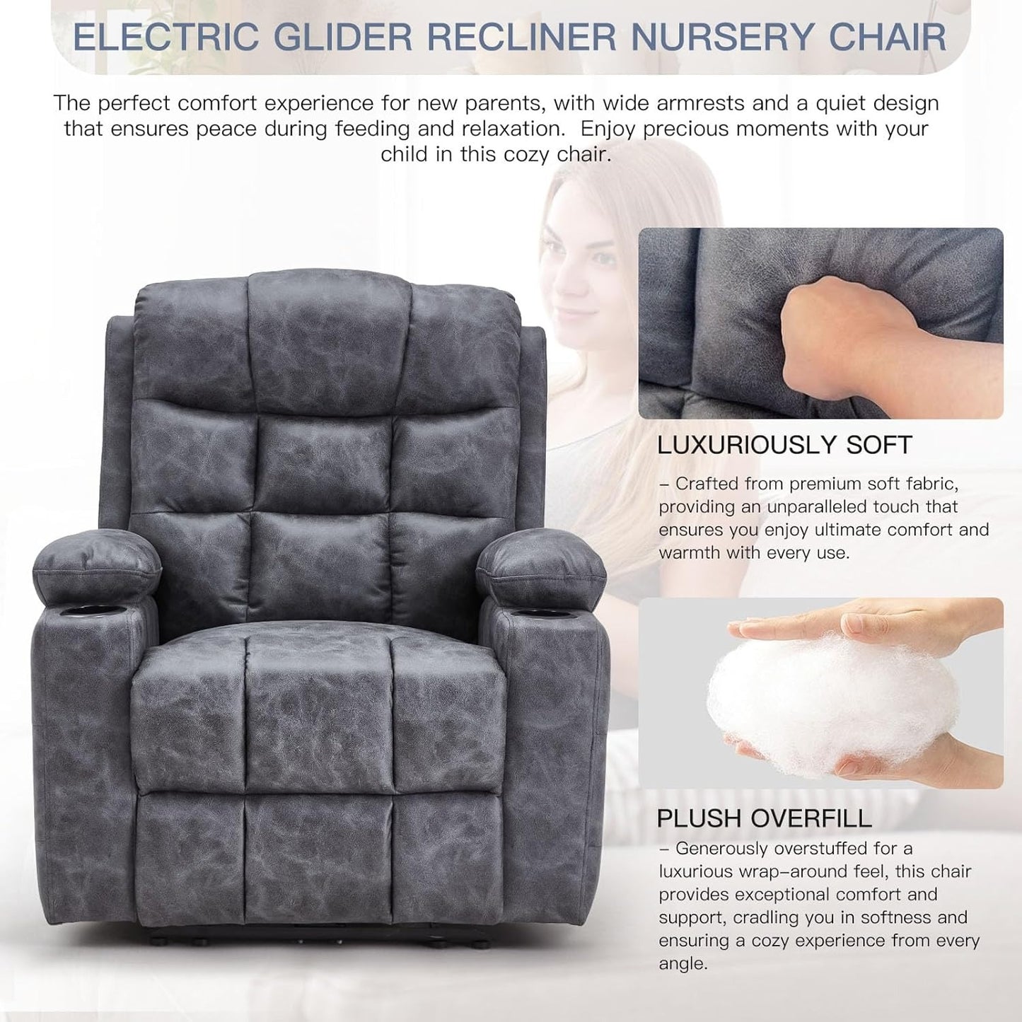 YODOLLA Wide Armrests Electric Recliner Nursery Chair, Faux Leather, Gray Blue