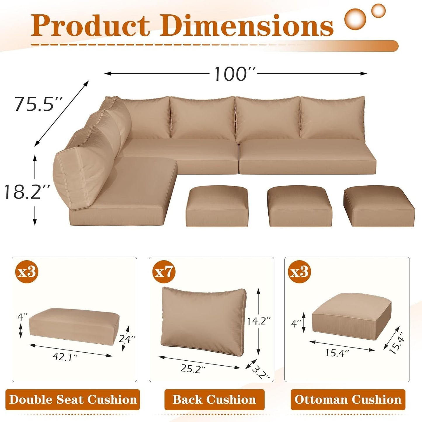YODOLLA Outdoor Cushions, Fits 7-Seats Sectional Rattan Conversation Set, Memory Foam Cushions and Covers (Beige)