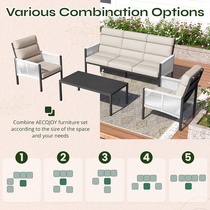 YODOLLA 4 Pieces Aluminum Patio Furniture Set with PE Rope Armrest, Beige