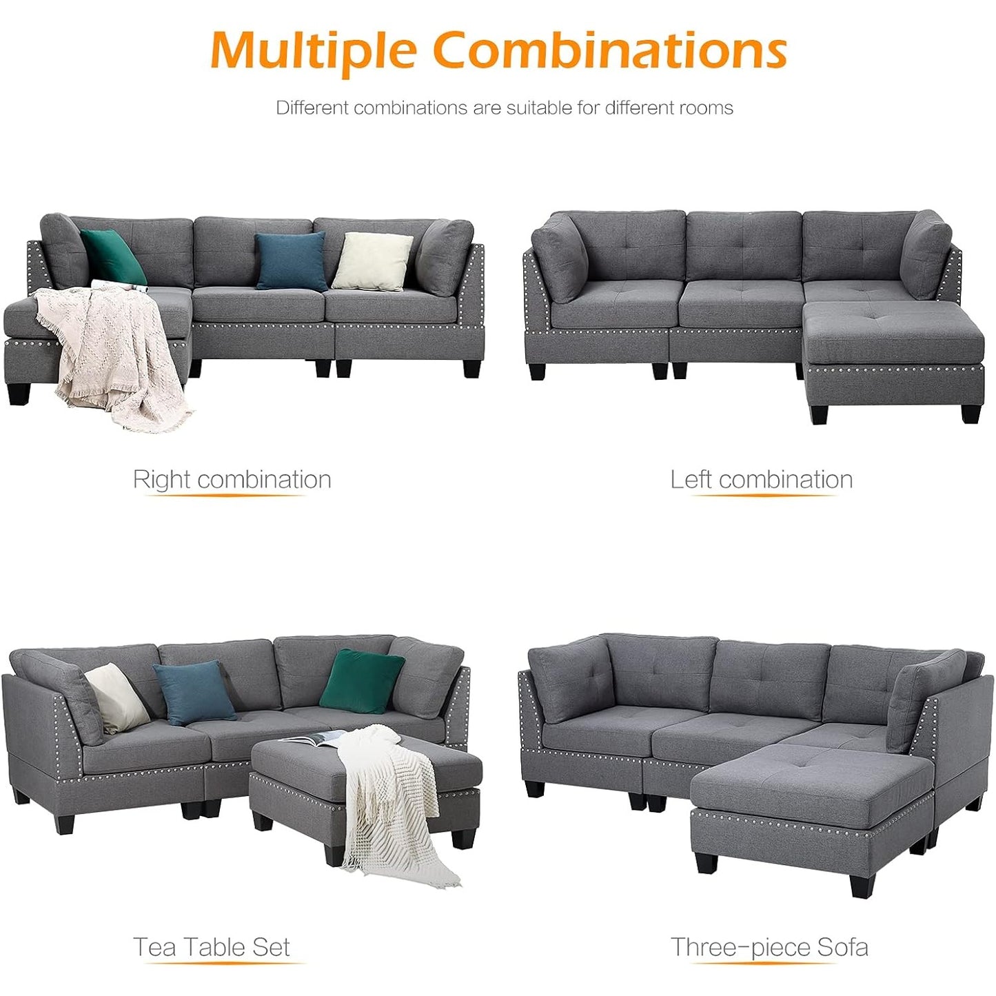 YODOLLA 88.6” L-Shaped Sofa Couch with Reversible Chaise, Fabric Gray