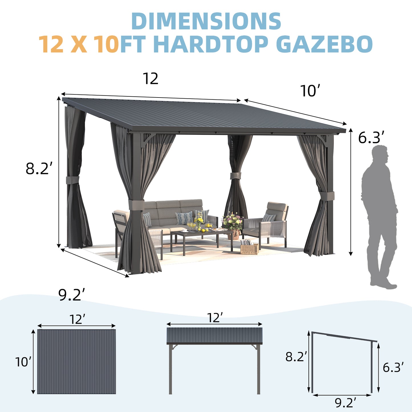 YODOLLA 12' x 10' Outdoor Pergola Hardtop Gazebo with Curtains and Netting for Patio