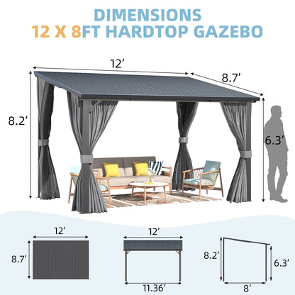 YODOLLA 12'x8' Outdoor Hardtop Gazebo Pergola with Curtains and Netting for Patio