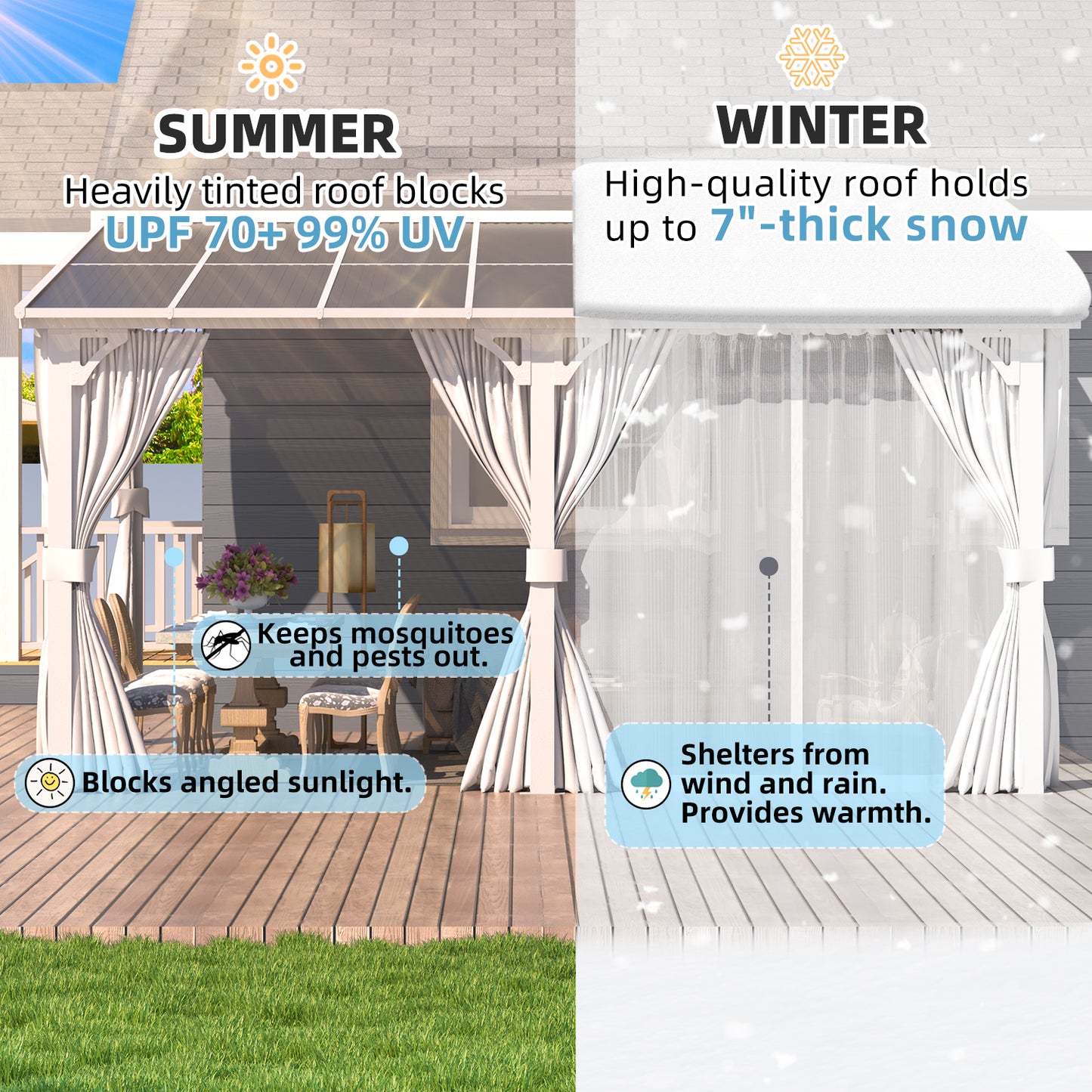 YODOLLA 14'x10' Outdoor Lean to Gazebo Pergola with Curtain and Netting for Patio, White