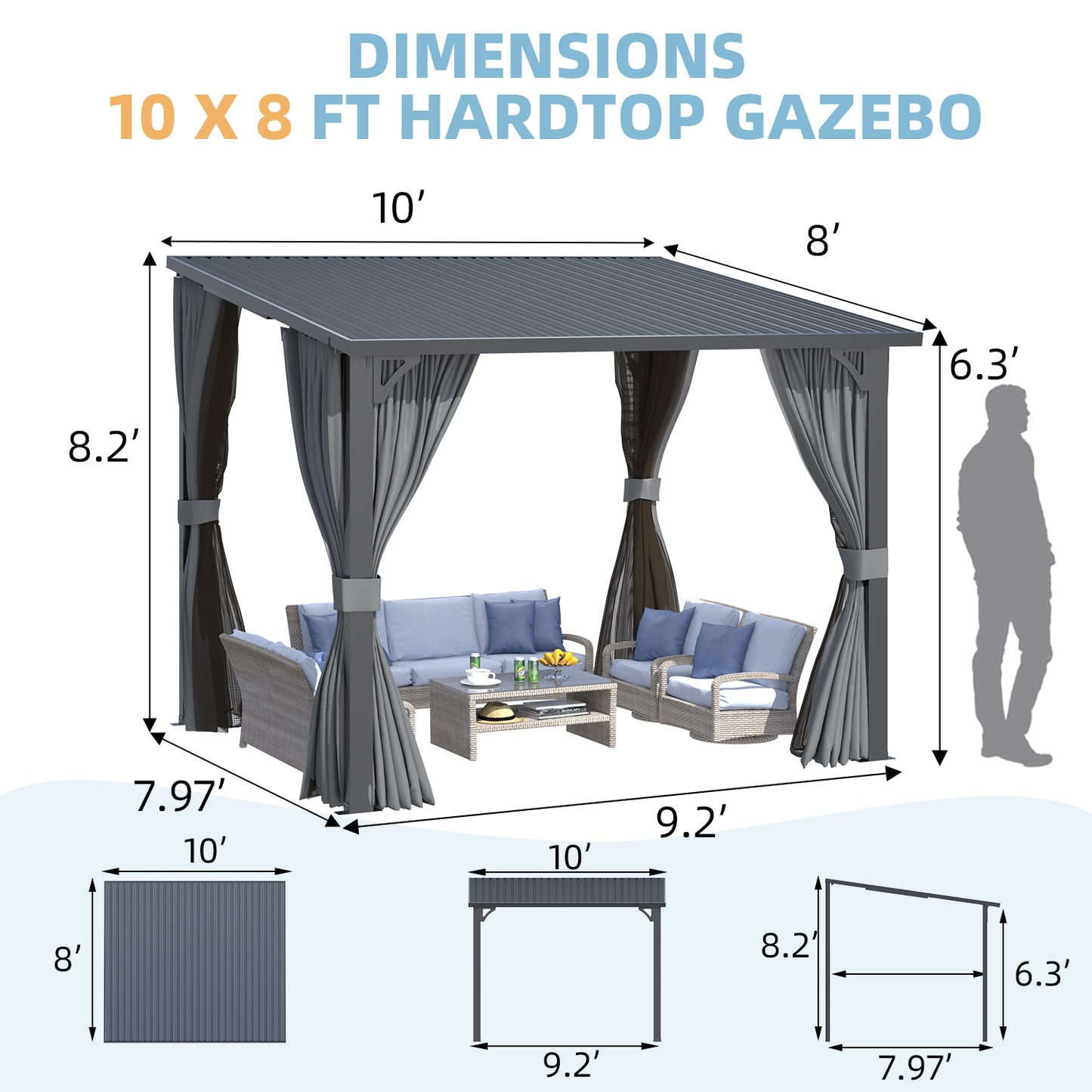 YODOLLA 10x8 Outdoor Pergola Hardtop Gazebo with Curtains and Netting for Patio
