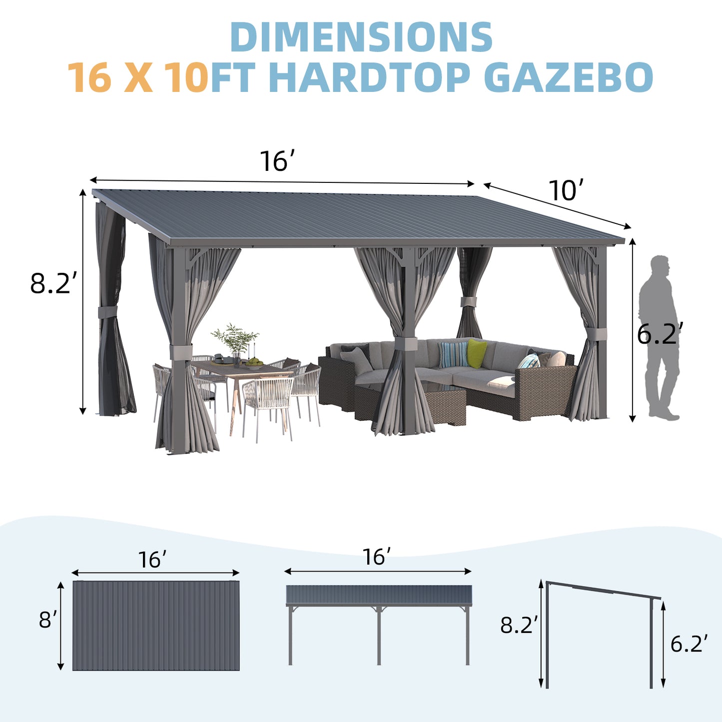 YODOLLA 16'x10' Outdoor Hardtop Gazebo Pergola with Curtains and Netting for Patio