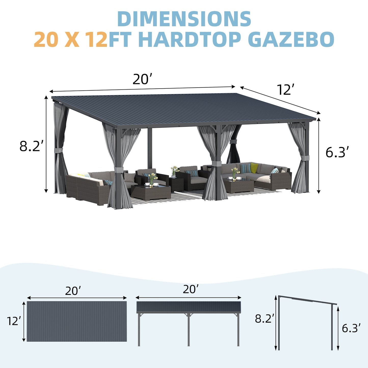YODOLLA 20'x12' Gazebo Outdoor Hardtop Pergola with Curtain and Netting