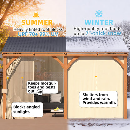 YODOLLA 10x10 Outdoor Wooden Pergola Gazebo with Curtains and Netting for Patio