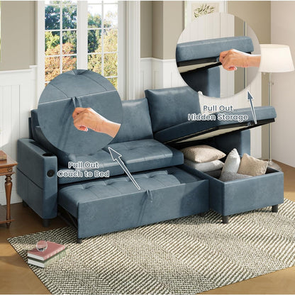 YODOLLA Faux Leather L-Shaped Sleeper Sofa, Pullout Bed, USB & Storage, Blue