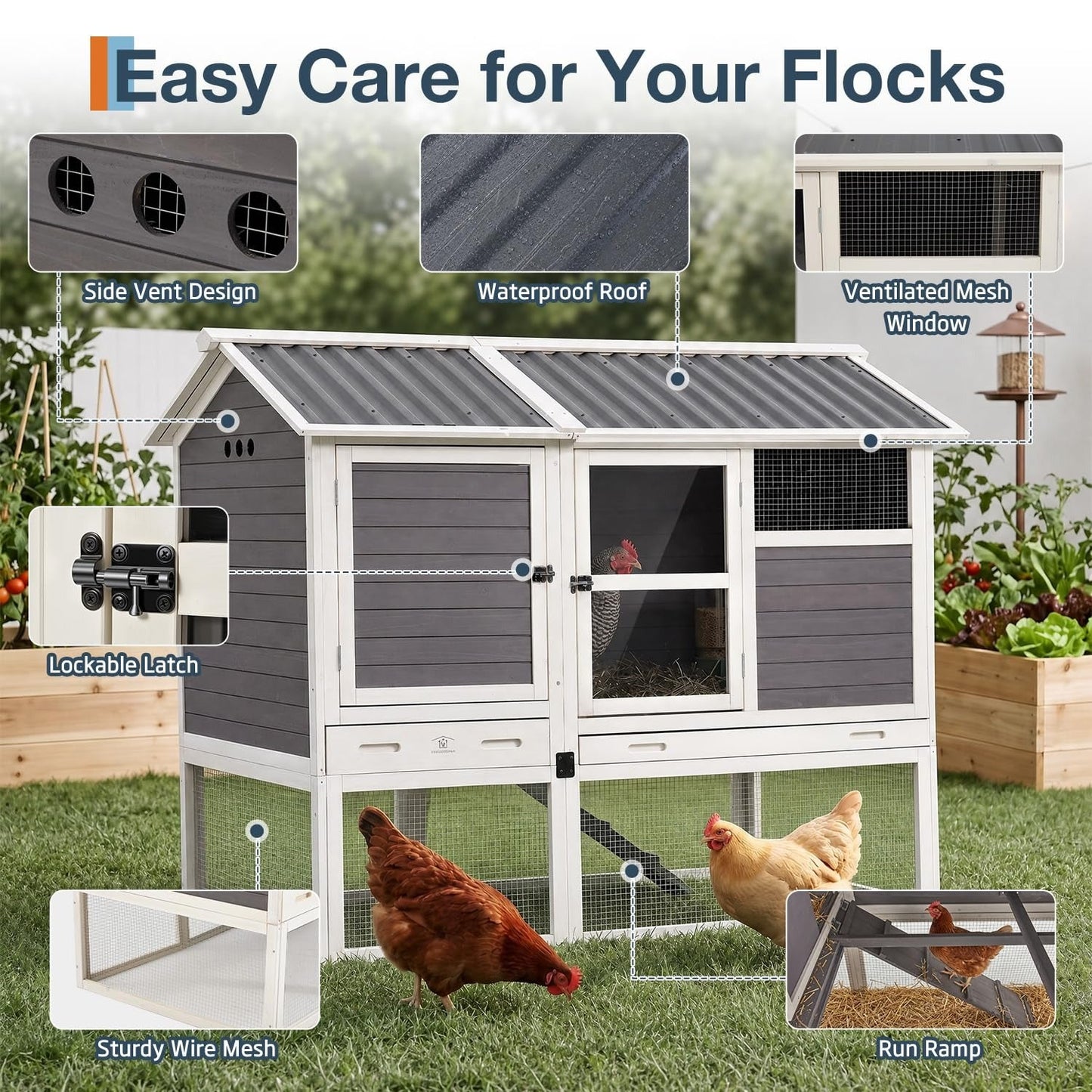 YODOLLA 83'' Large Chicken Coop with 4 Nesting Boxes, Grey & White