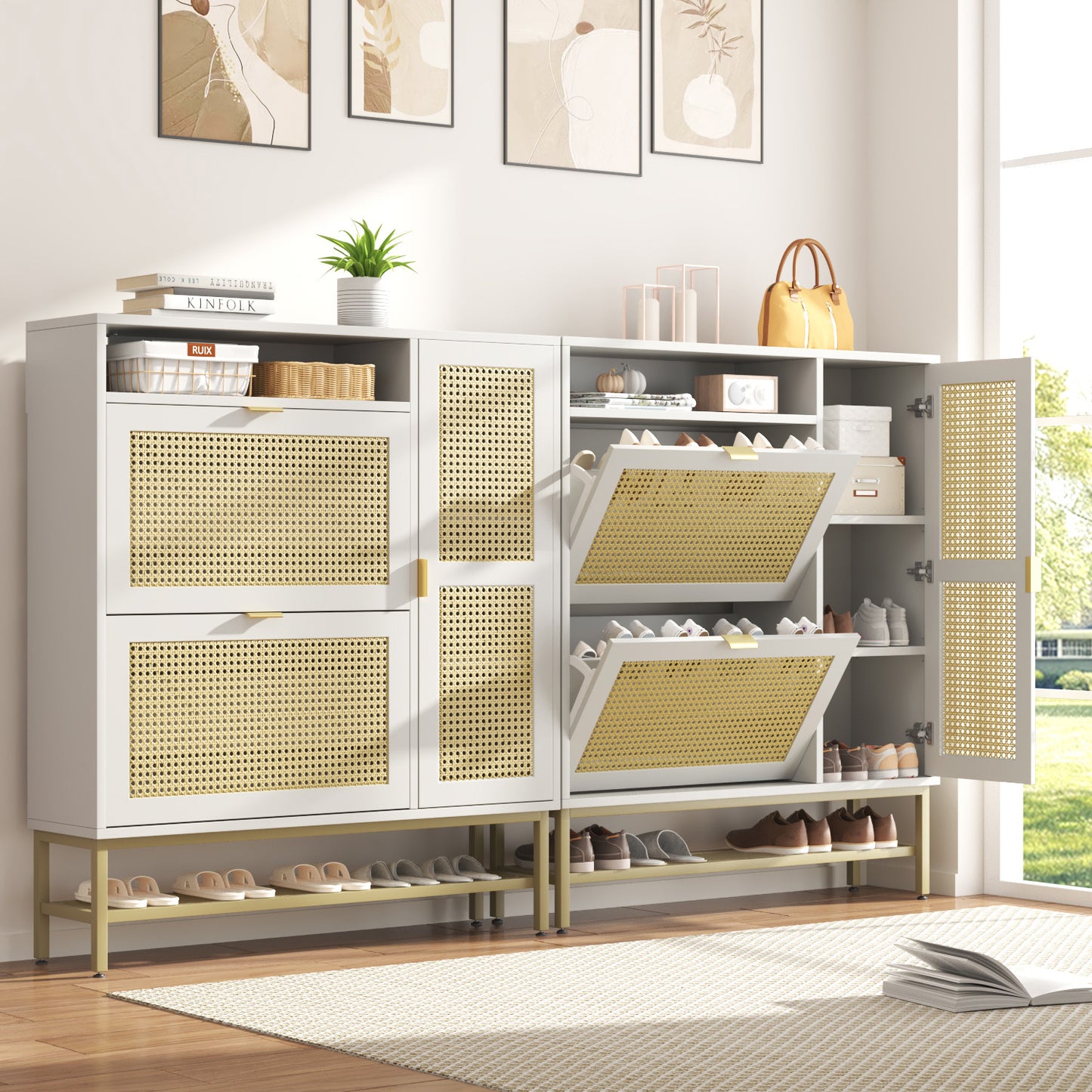 YODOLLA Rattan Shoe Cabinet with 3 Flip Drawers, Brown