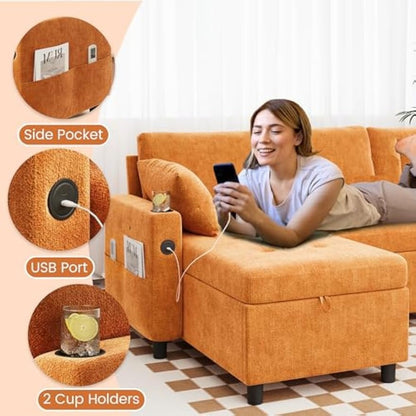 YODOLLA L-Shaped Sleeper Sofa, Pullout Bed, USB & Storage, Orange