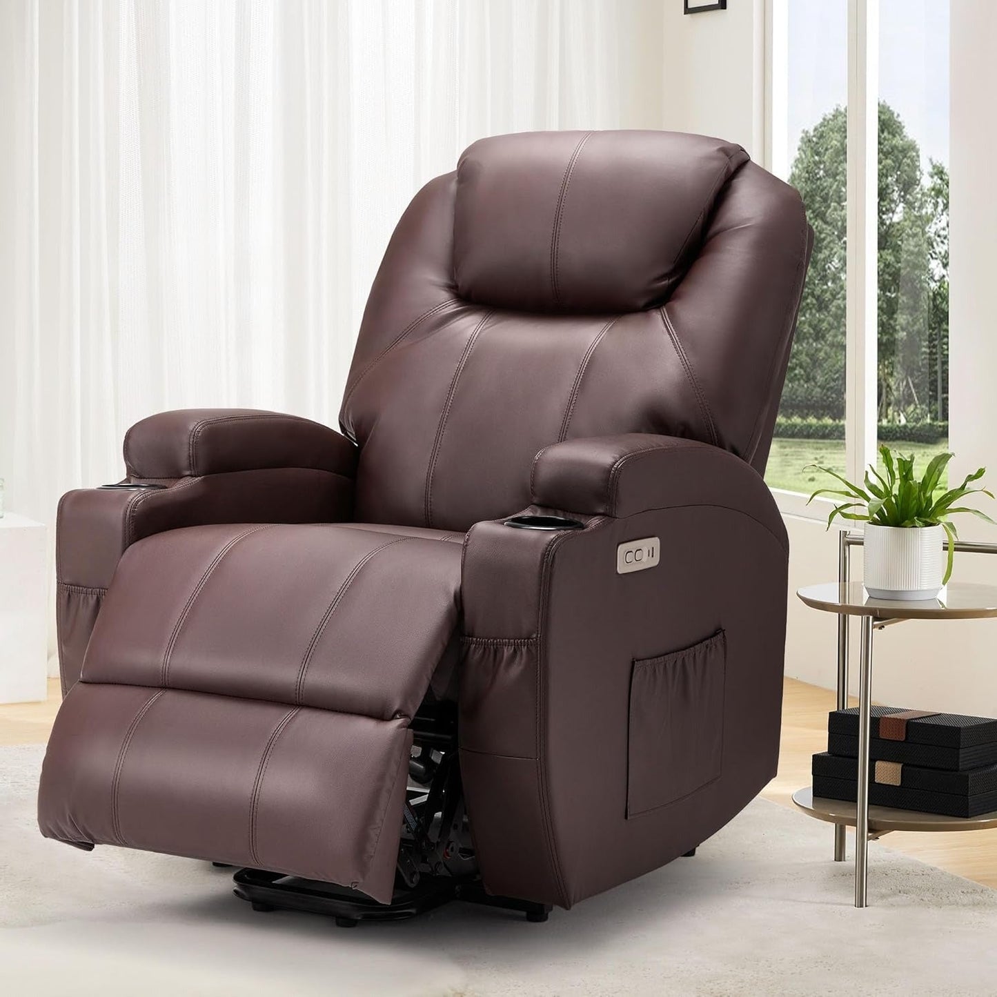 YODOLLA Power Lift Recliner Chair for Elderly with Side Pockets, PU Leather, Brown