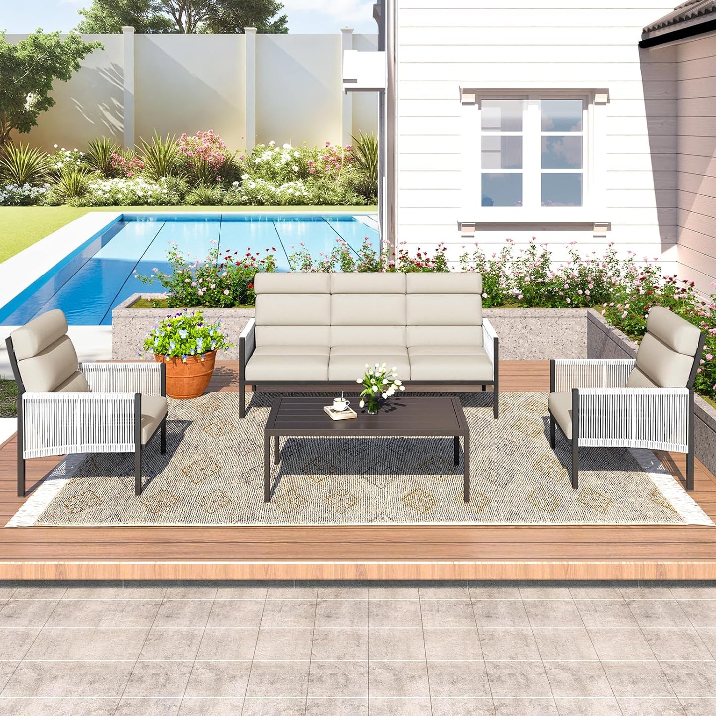 YODOLLA 4 Pieces Aluminum Patio Furniture Set with PE Rope Armrest, Beige