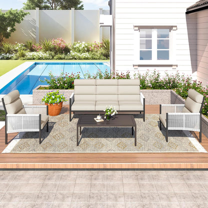 YODOLLA 4 Pieces Aluminum Patio Furniture Set with PE Rope Armrest, Beige