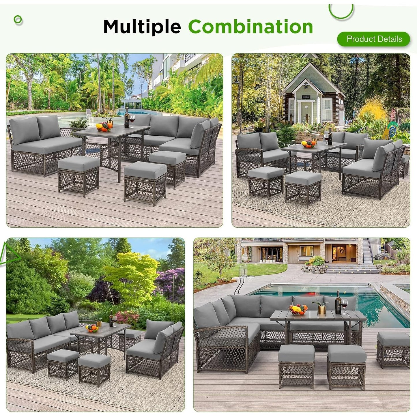 YODOLLA 7 Pieces Wicker Conversation Set with Ottoman Patio Furniture Set, Grey