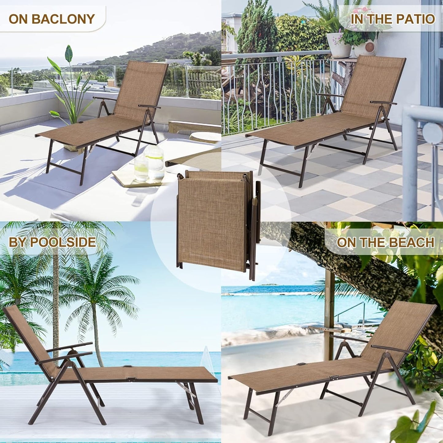 YODOLLA 7 Back & 2 Leg Adjustable Outdoor Chaise Lounge Chair, Brown