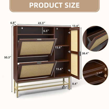 YODOLLA Rattan Shoe Cabinet with 3 Flip Drawers, Brown