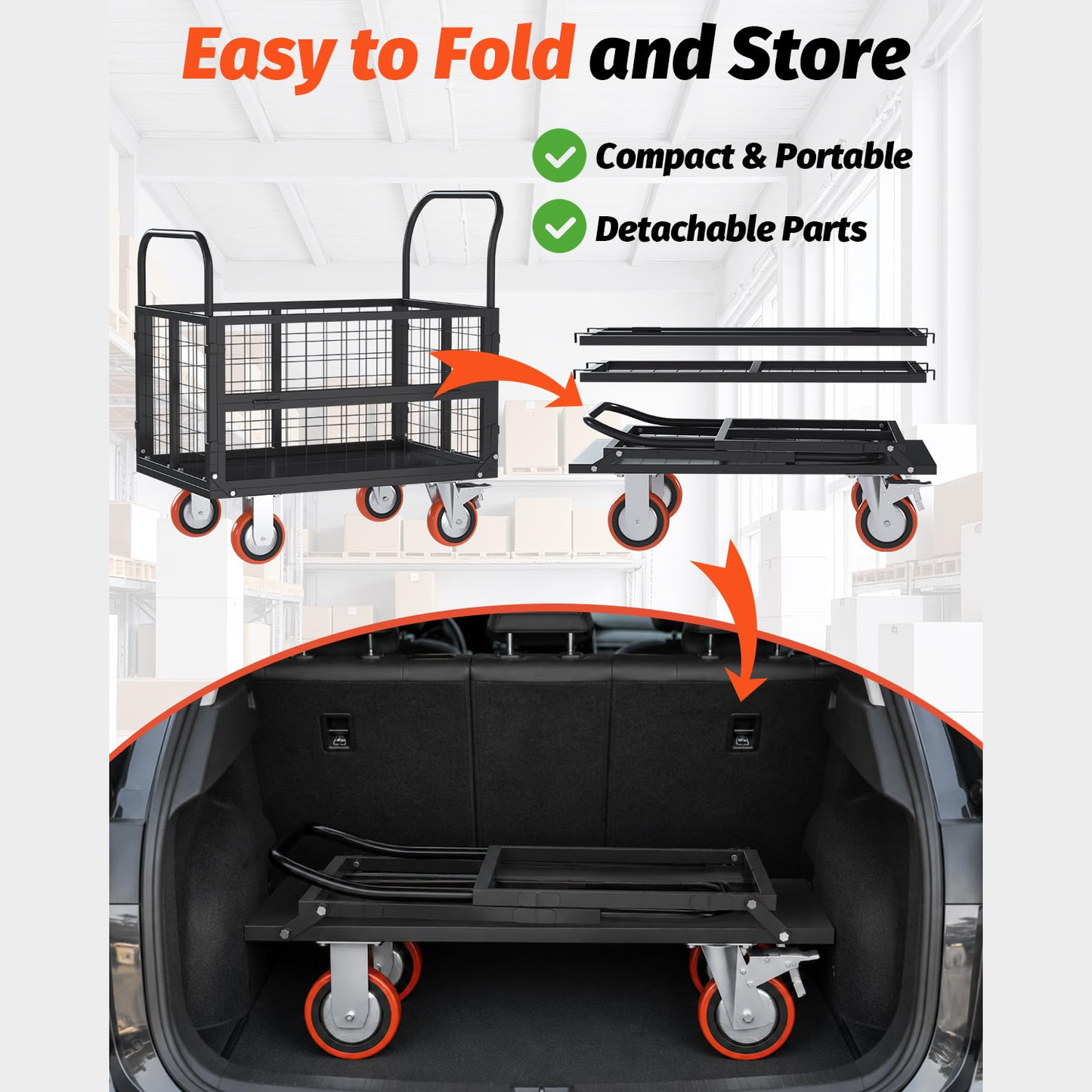 YODOLLA 6-in-1 Foldable Platform Truck Cart with Cage and Swivel Wheels