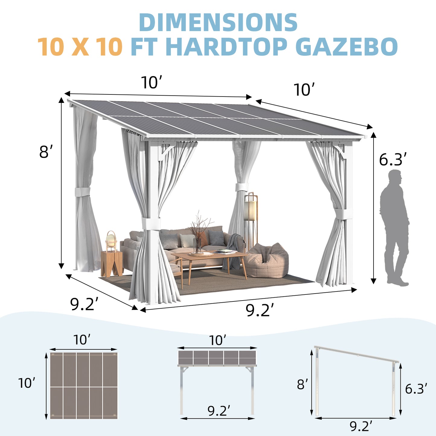 YODOLLA 10'x10' Outdoor Lean to Gazebo Pergola with Curtain and Netting for Patio, White