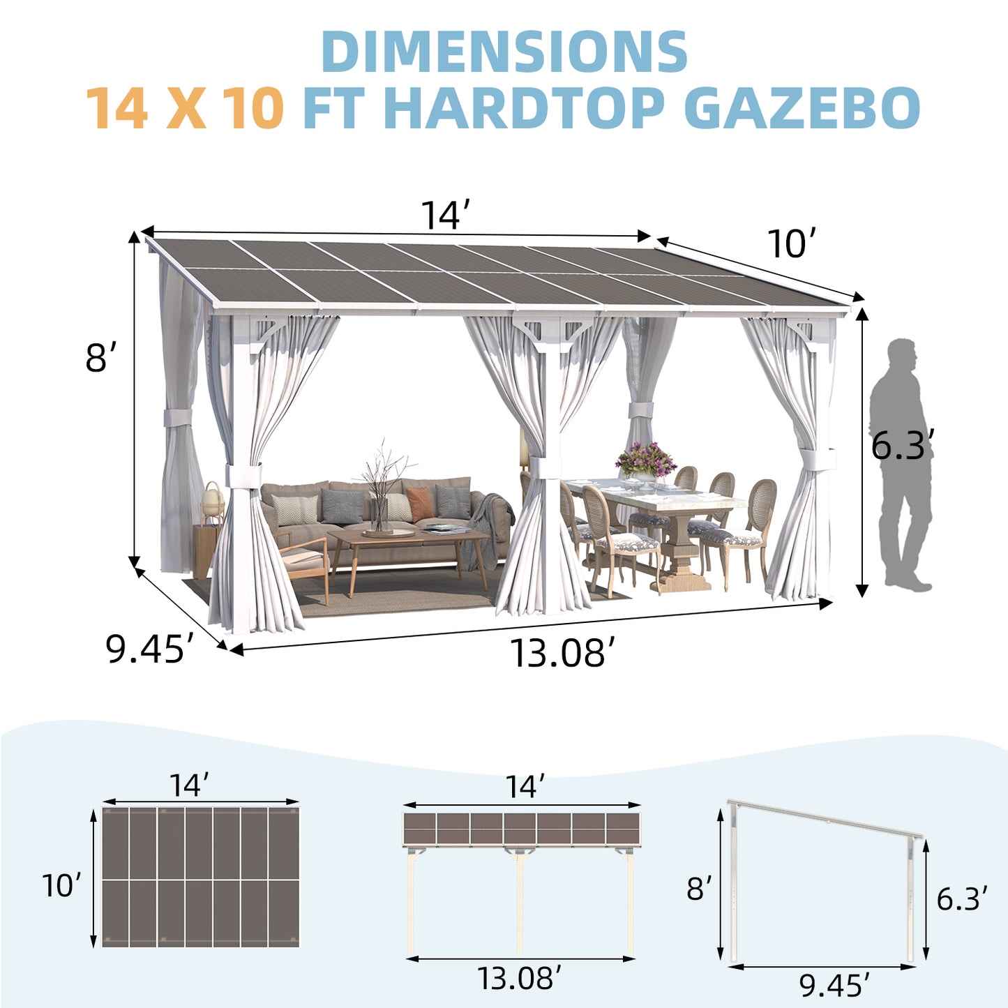 YODOLLA 14'x10' Outdoor Lean to Gazebo Pergola with Curtain and Netting for Patio, White