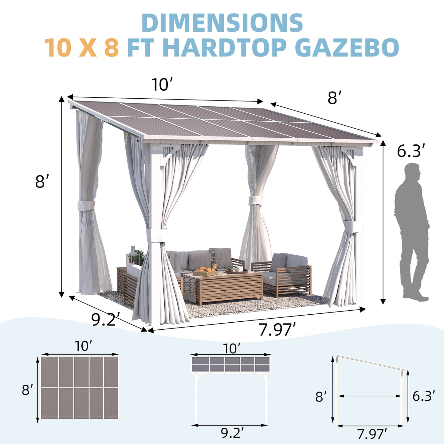 YODOLLA 10'x8' Outdoor Lean to Gazebo Pergola with Curtain and Netting for Patio, White