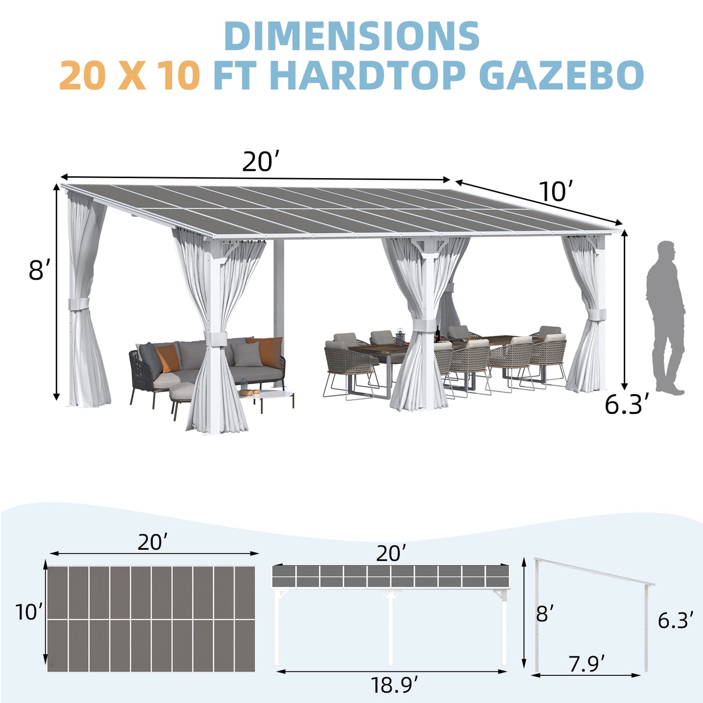 YODOLLA 20'x10' Outdoor Lean to Gazebo Pergola with Curtain and Netting for Patio, White