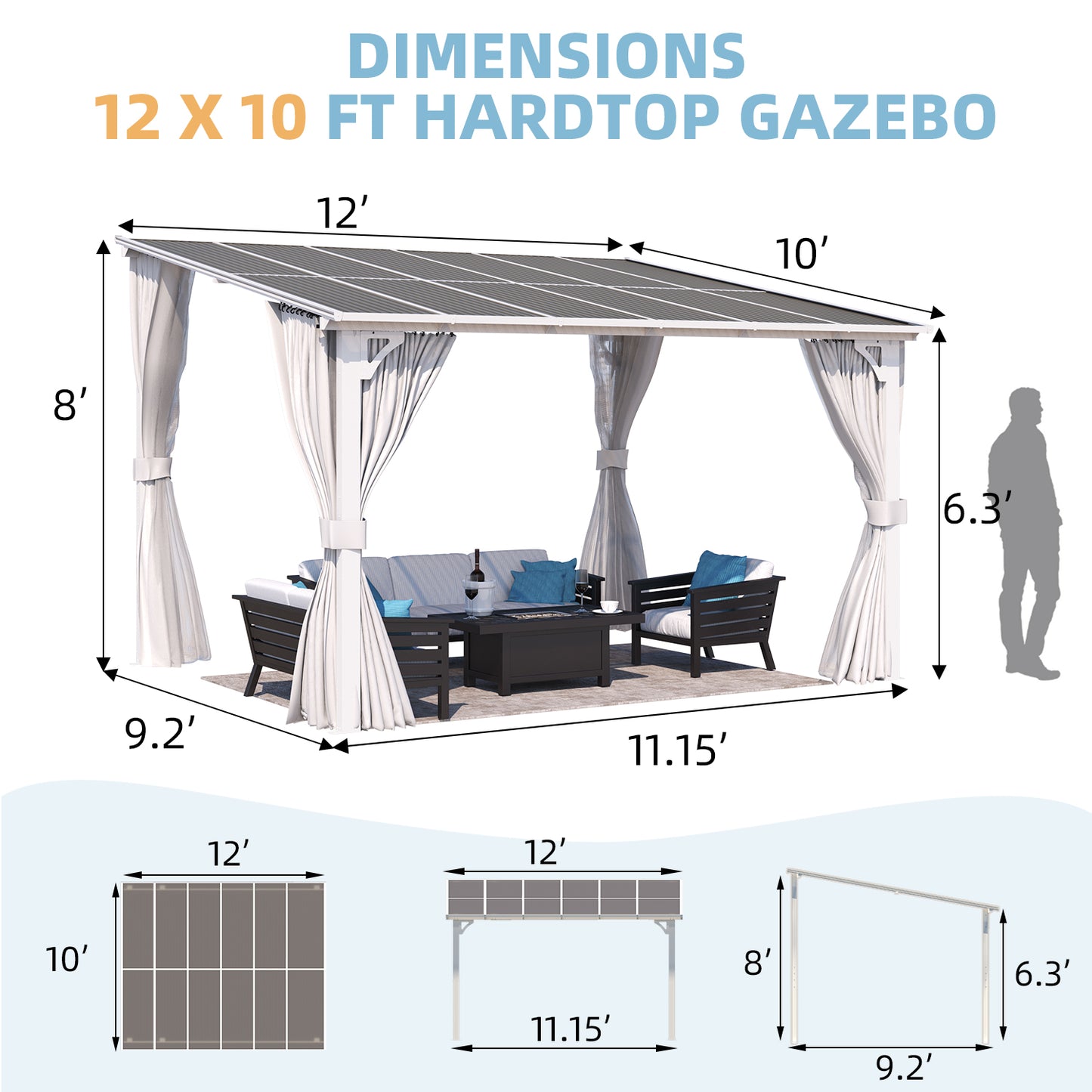 YODOLLA 12'x10' Outdoor Lean to Gazebo Pergola with Curtain and Netting for Patio, White