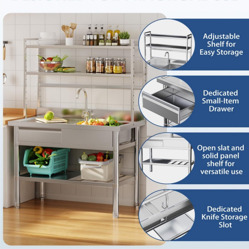 YODOLLA Stainless Steel Utility Sink with Shelves, Commercial Kitchen Sink