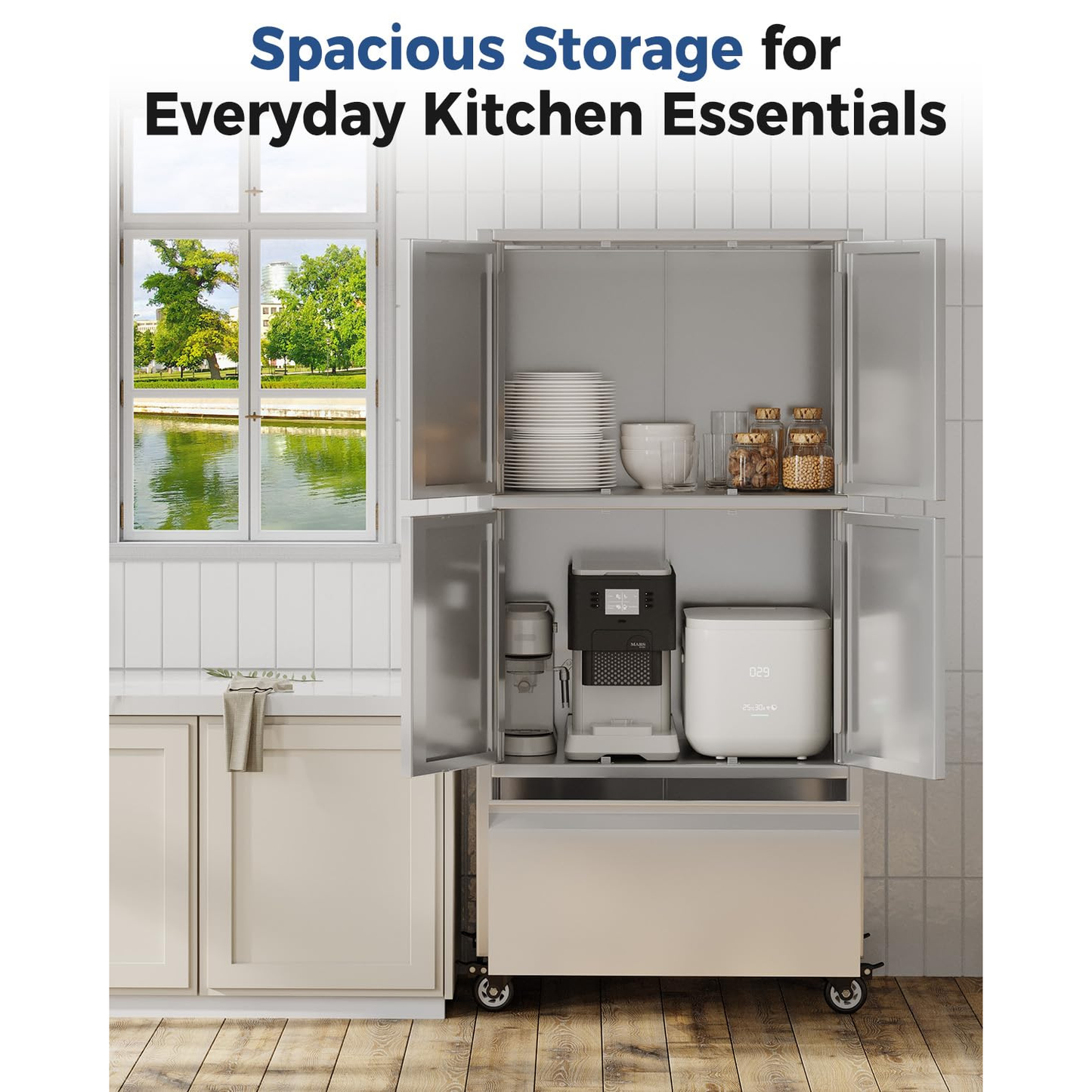 YODOLLA 58.3" Stainless Steel Storage Cabinet Tall Kitchen Pantry Cabinet
