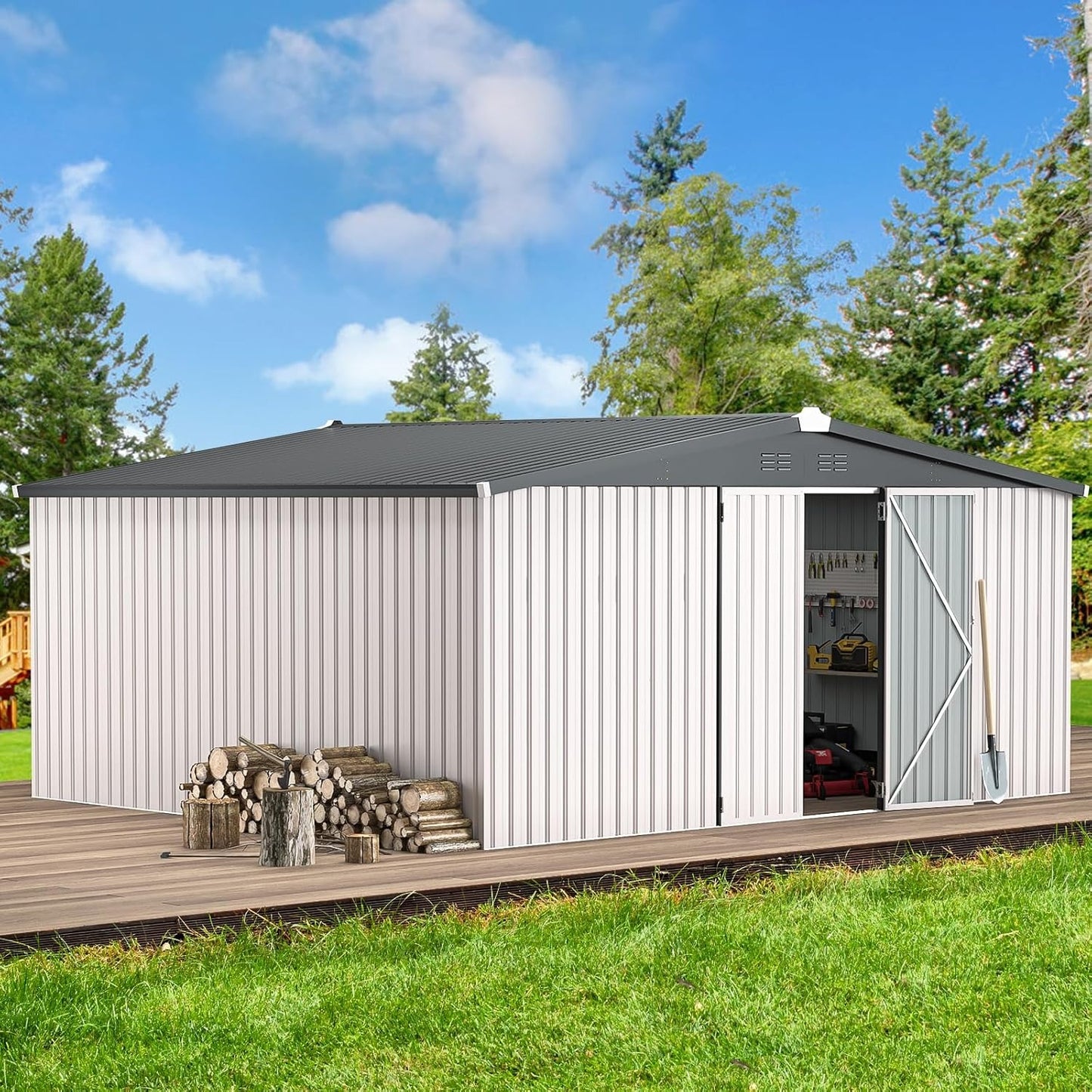 YODOLLA 14x12 Metal Storage Shed Outdoor Shed, White