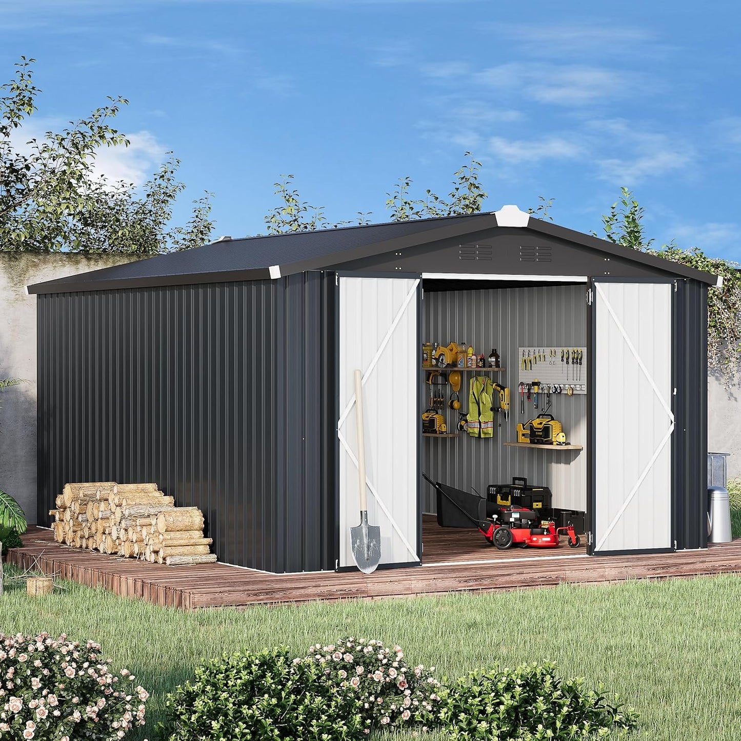 YODOLLA 10x14 Metal Outdoor Storage Garden Shed, Dark Gray