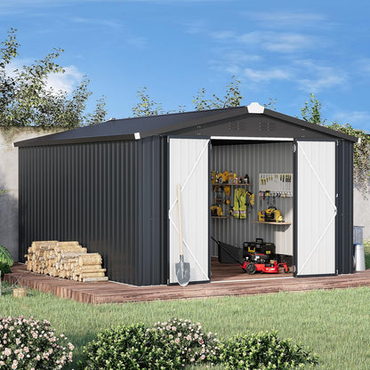 YODOLLA 10x14 Metal Outdoor Storage Garden Shed, Dark Gray